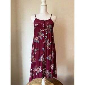 Vtg Y2K 90s  Sz M Maroon Floral Boho Dress Lace Whimsigoth Grunge Girly Fairy